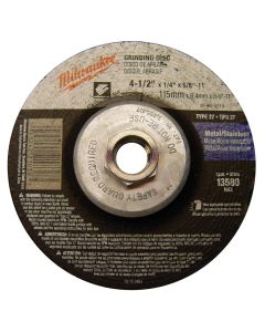 MLW49-94-4515 image(0) - Milwaukee Tool 4-1/2" x 1/4" x 5/8-11" Grinding Wheel (Type 27)